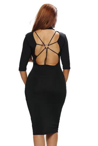 Black Bodycon Mock Neck O-ring Accent Cut out Half Sleeve Midi Dress