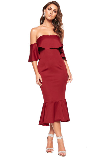 Burgundy Sexy Off Shoulder Ruffled Cocktail Dress