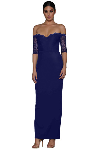 Navy Sheer Lace Sleeve Off Shoulder Maxi Dress