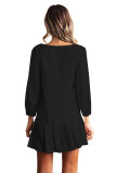 Sleeved Buttoned Black Casual Short Dress