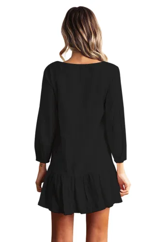 Sleeved Buttoned Black Casual Short Dress