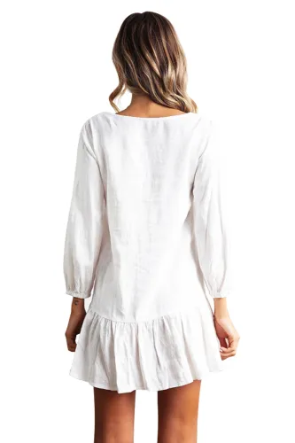 Sleeved Buttoned White Casual Short Dress