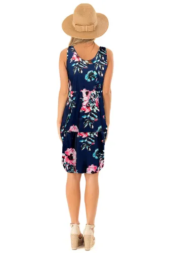 Blue Floral Print Sleeveless Button up Dress