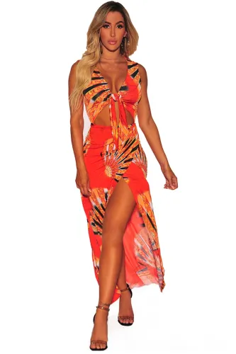 Egyptian Impression Print Tie Front High Split Maxi Dress