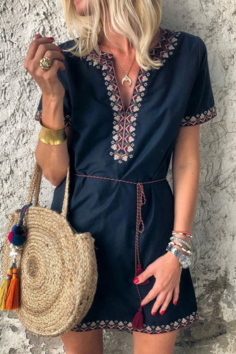 Blue Summer Boho Embroidered V Neck Short Sleeve Casual Mini Dress