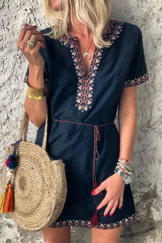 Blue Summer Boho Embroidered V Neck Short Sleeve Casual Mini Dress