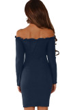 Navy Button Front Ribbed Bardot Mini Dress