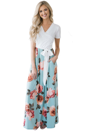 White Blue Floral Pocket Style Long Summer Dress