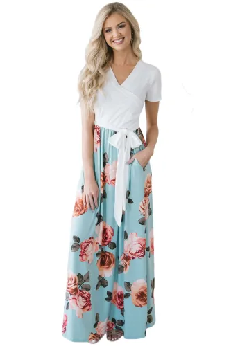 White Blue Floral Pocket Style Long Summer Dress
