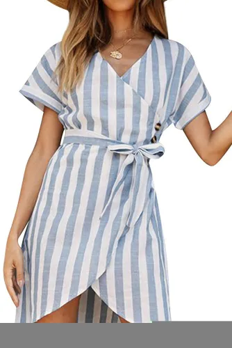 Sky Blue V Collar Short Sleeve Stripe Print Button Wrap Dress
