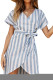 Sky Blue V Collar Short Sleeve Stripe Print Button Wrap Dress