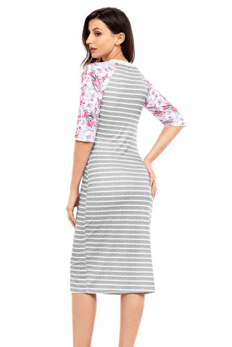 Grey White Stripe Floral Sleeve Midi Dress