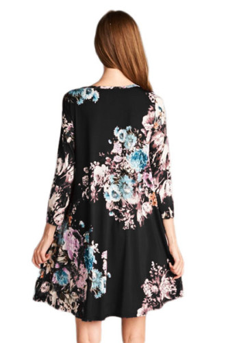 Dark Floral Long Sleeve A-Line Tunic Dress