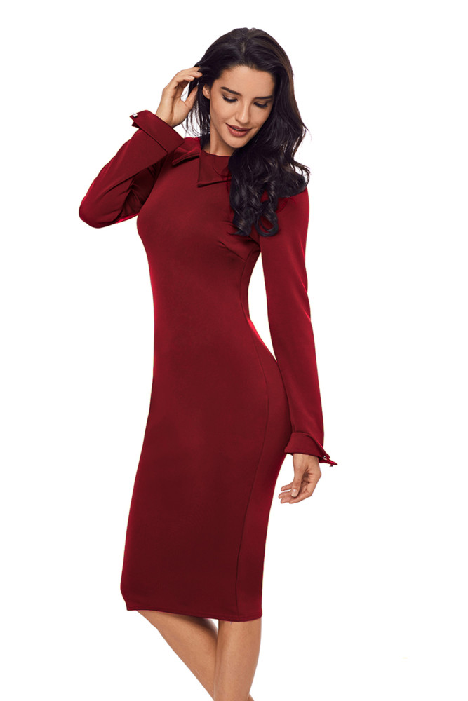 Burgundy Lapel Neck Bodycon Formal Office Dress Pencil Dress