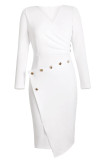 Asymmetric Button Detail White Ruched Midi Dress