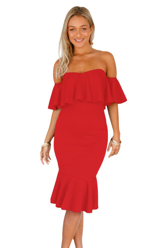 Red Ruffle Off Shoulder Mermaid Midi Party Dress