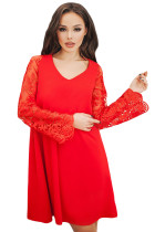 Red Sheer Floral Sleeve Swing Dress