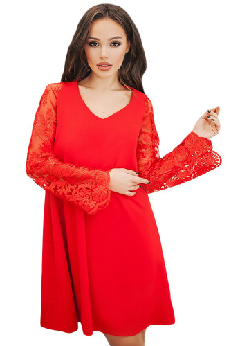 Red Sheer Floral Sleeve Swing Dress