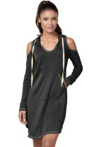 Black Long Sleeve Cold Shoulder Hooded Dress