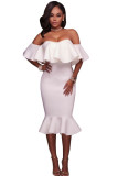 White Ruffle Off Shoulder Mermaid Midi Party Dress