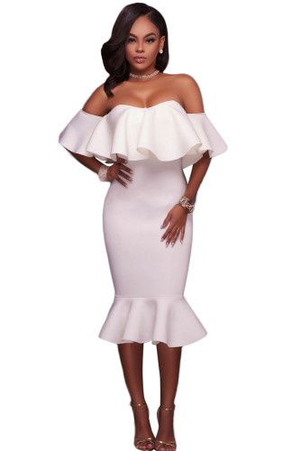 White Ruffle Off Shoulder Mermaid Midi Party Dress