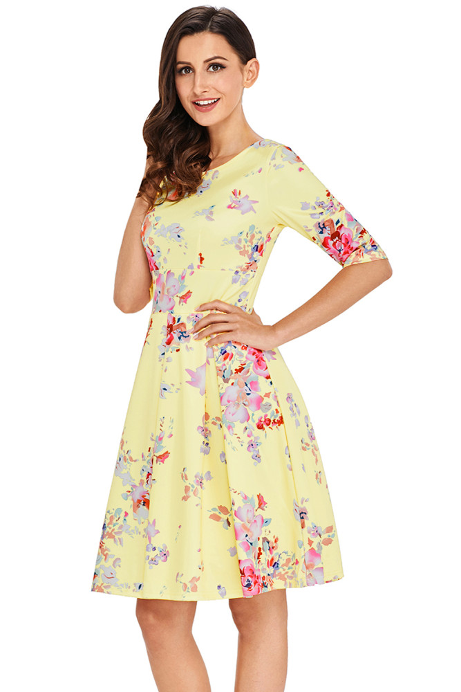 Yellow Vintage Style Floral Half Sleeve Swing Dress