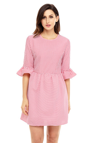 Red White Stripe Flounce Sleeve Seersucker Dress