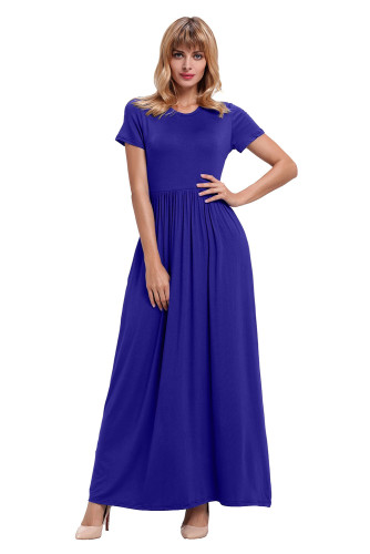 Blue Short Sleeve Ruched Waist Maxi Dress