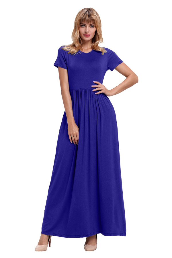 Blue Short Sleeve Ruched Waist Maxi Dress