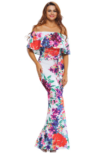 Multi-color Floral Print Off-the-shoulder Maxi Dress