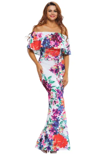 Multi-color Floral Print Off-the-shoulder Maxi Dress