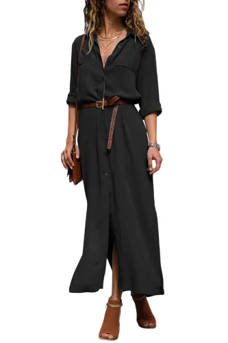 Black Slit Maxi Shirt Dress with Sash