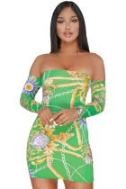 Green Chain Print Lace Up Back Off Shoulder Boho Dress