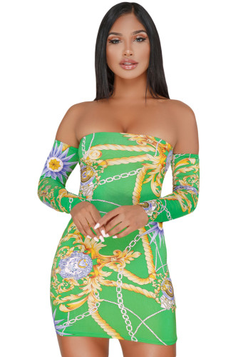 Green Chain Print Lace Up Back Off Shoulder Boho Dress