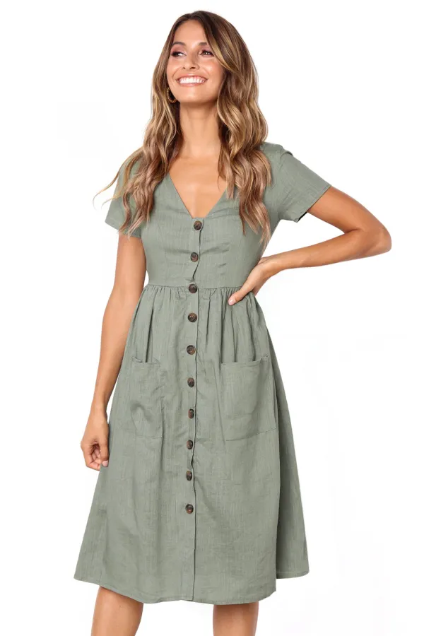 Green Stylish Button Front Midi Dress with Pockets