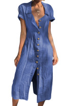 Blue Summer Buttoned Casual Shirt Maxi Dress