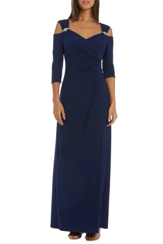 Blue Cold Shoulder Rhinestone Gown