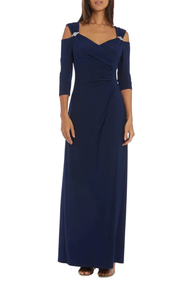 Blue Cold Shoulder Rhinestone Gown