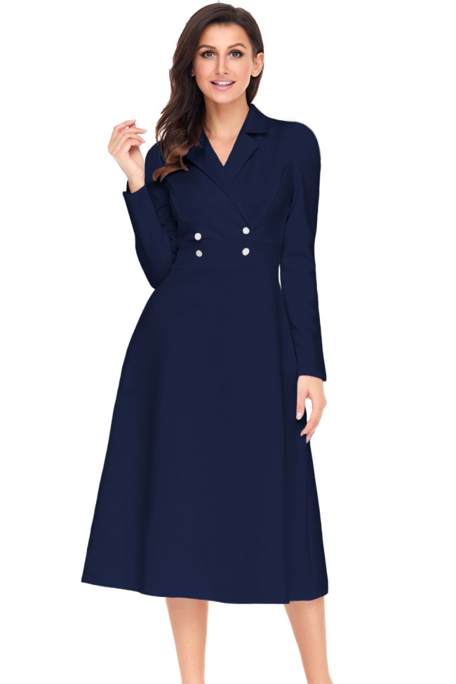 Navy Vintage Button Collared Fit-and-flare Dress