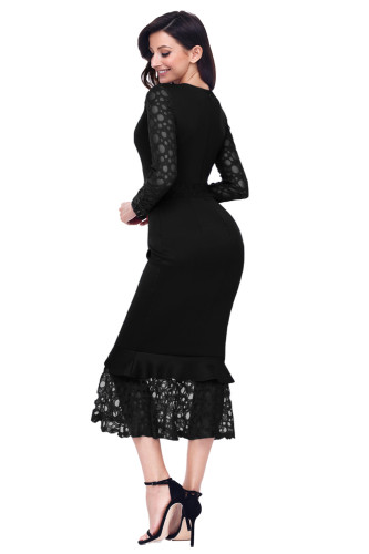 Black Hollow-out Long Sleeve Lace Ruffle Bodycon Midi Dress