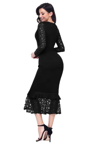 Black Hollow-out Long Sleeve Lace Ruffle Bodycon Midi Dress