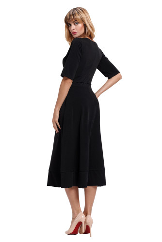 Black Half Sleeve V Neck High Waist Flared Dress