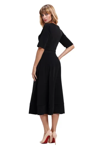 Black Half Sleeve V Neck High Waist Flared Dress