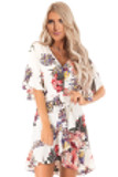 White Floral Print V Neck Wrap Dress with Ruffle Sleeves