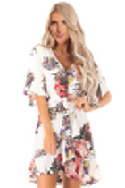 White Floral Print V Neck Wrap Dress with Ruffle Sleeves