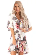 White Floral Print V Neck Wrap Dress with Ruffle Sleeves
