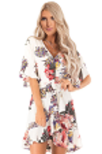 White Floral Print V Neck Wrap Dress with Ruffle Sleeves