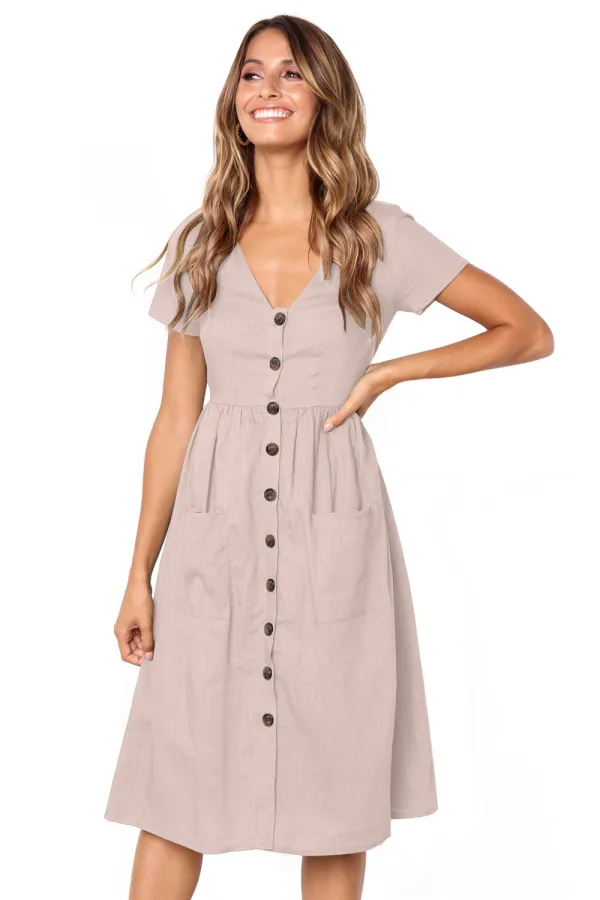 Pink Stylish Button Front Midi Dress with Pockets