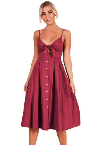 Wine Sexy Backless Tie Front Button Skirt Midi Dress