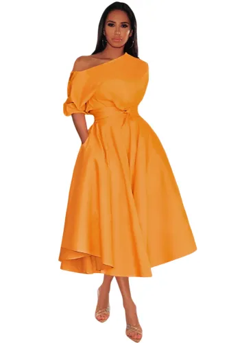 Orange One-shoulder Waist Cincher Puffy Party Dress